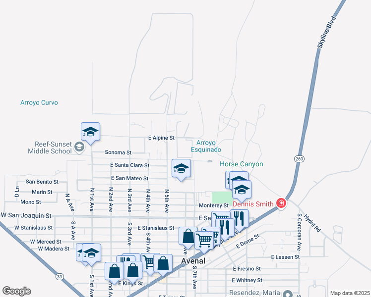 map of restaurants, bars, coffee shops, grocery stores, and more near 500 East Alpine Street in Avenal