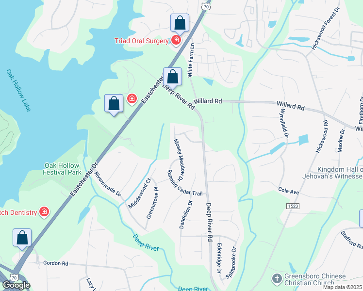 map of restaurants, bars, coffee shops, grocery stores, and more near 2832 Mossy Meadow Drive in High Point