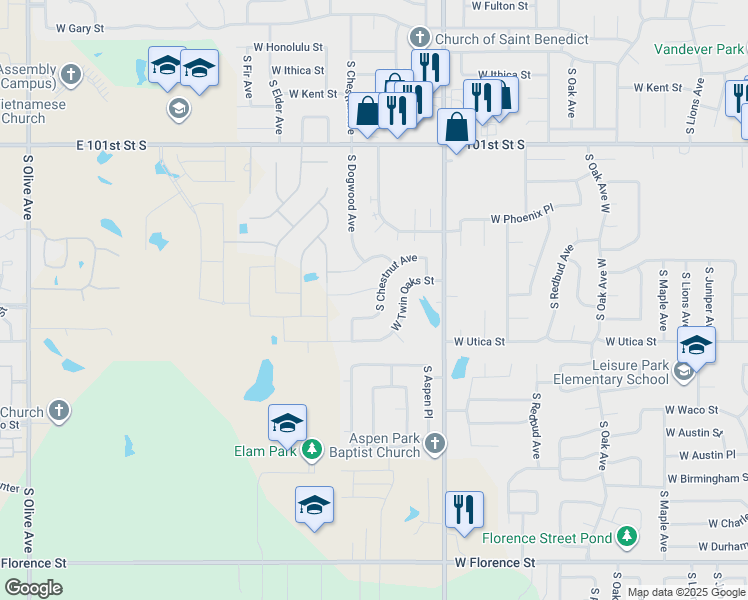 map of restaurants, bars, coffee shops, grocery stores, and more near 2405 West South Park Street in Broken Arrow