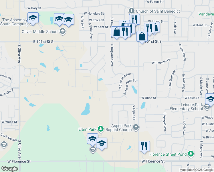 map of restaurants, bars, coffee shops, grocery stores, and more near 2505 West South Park Street in Broken Arrow