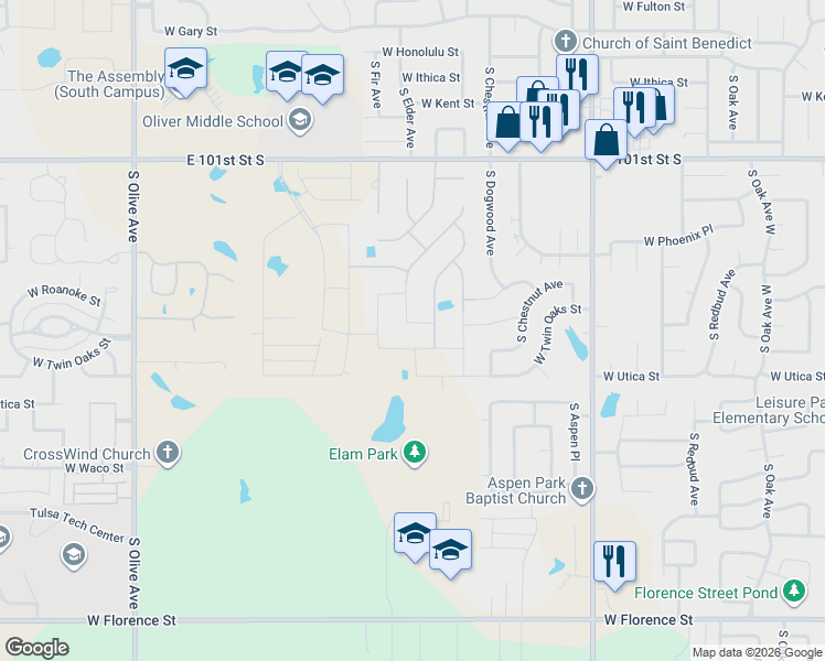 map of restaurants, bars, coffee shops, grocery stores, and more near 3813 South Elder Boulevard in Broken Arrow