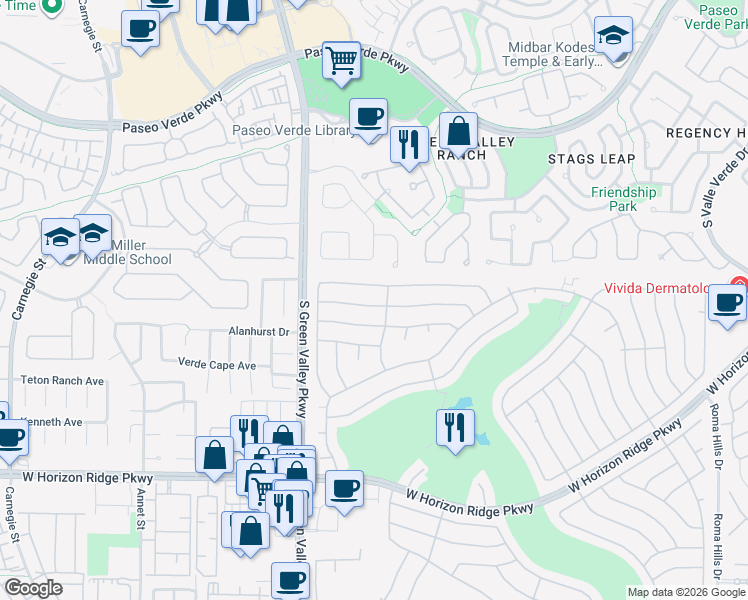 map of restaurants, bars, coffee shops, grocery stores, and more near 2166 Chapman Ranch Drive in Henderson