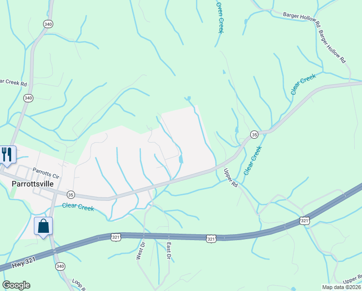 map of restaurants, bars, coffee shops, grocery stores, and more near Splendor Way in Parrottsville