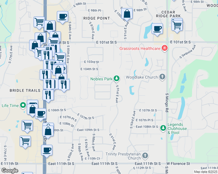 map of restaurants, bars, coffee shops, grocery stores, and more near 8736 East 105th Street South in Tulsa