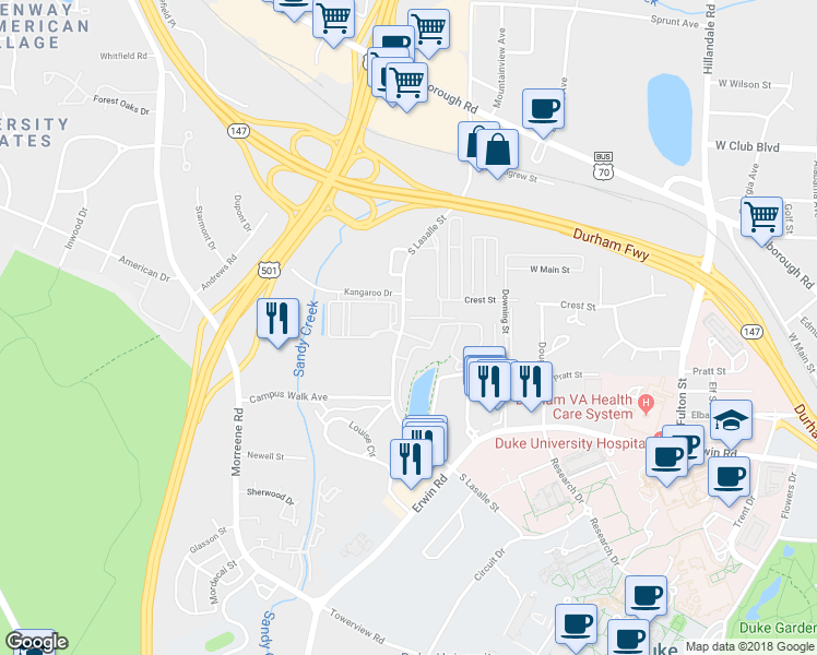 map of restaurants, bars, coffee shops, grocery stores, and more near 5101 Sweeney Drive in Durham