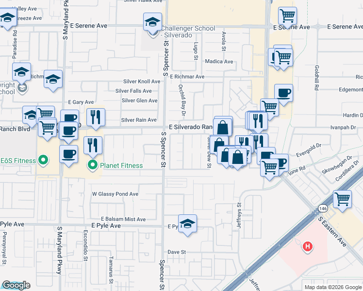 map of restaurants, bars, coffee shops, grocery stores, and more near 1885 Silver Bough Court in Las Vegas