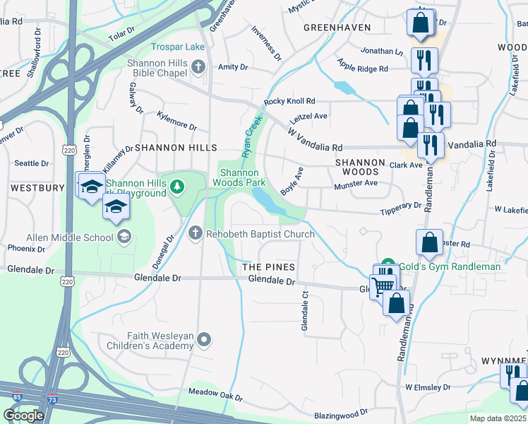map of restaurants, bars, coffee shops, grocery stores, and more near 3103 Pine Cone Trail in Greensboro