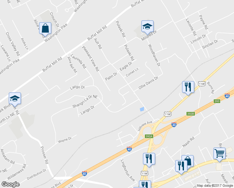 map of restaurants, bars, coffee shops, grocery stores, and more near 1613 Banyan Way in Knoxville