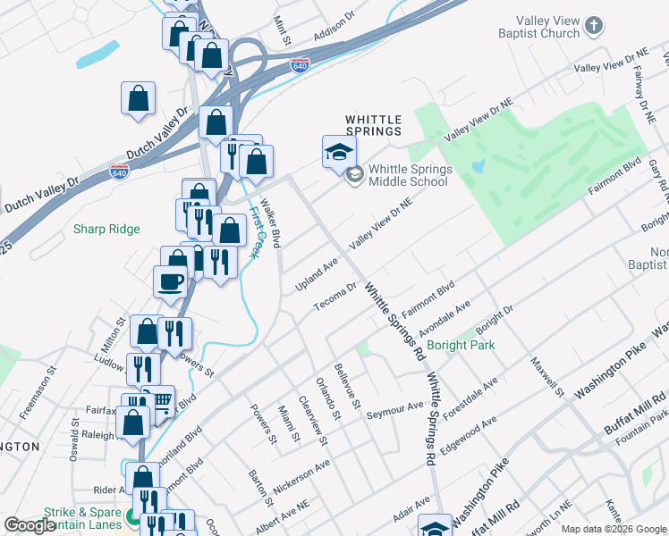 map of restaurants, bars, coffee shops, grocery stores, and more near 2516 Upland Avenue in Knoxville