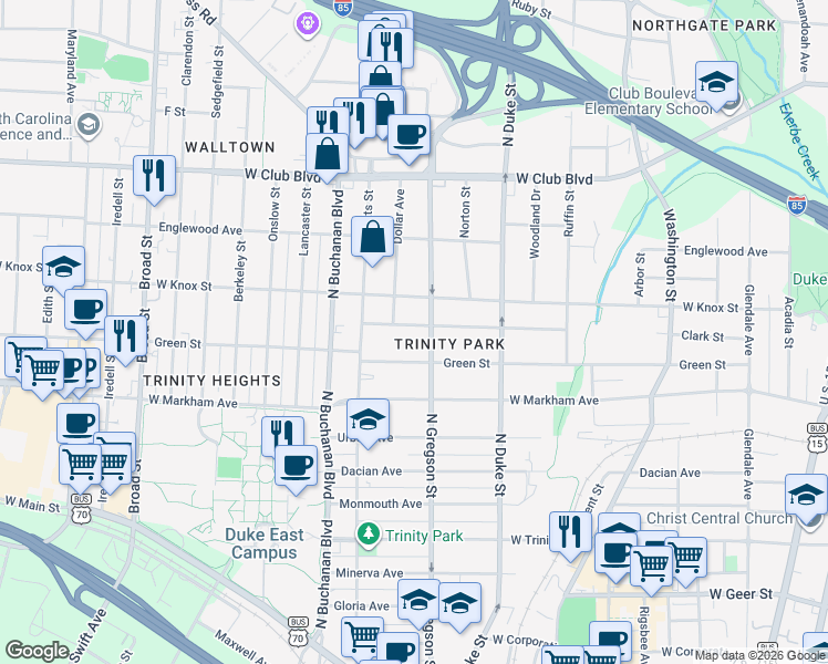 map of restaurants, bars, coffee shops, grocery stores, and more near 1005 Demerius Street in Durham