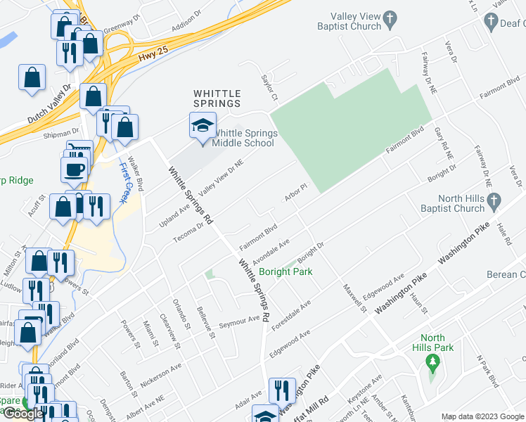 map of restaurants, bars, coffee shops, grocery stores, and more near 2727 Arbor Place in Knoxville
