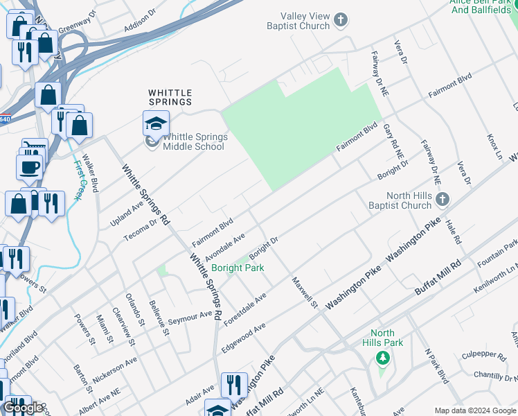 map of restaurants, bars, coffee shops, grocery stores, and more near 2908 Fairmont Boulevard in Knoxville