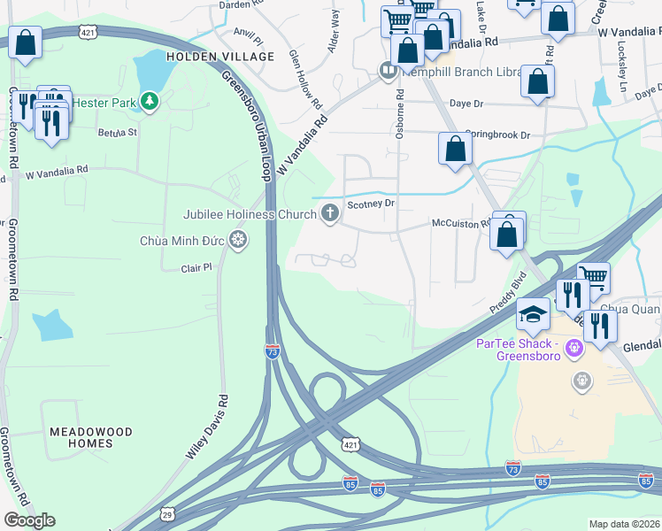map of restaurants, bars, coffee shops, grocery stores, and more near 9-21 Covington Circle in Greensboro