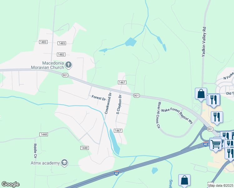 map of restaurants, bars, coffee shops, grocery stores, and more near 535 North Carolina 801 in Advance