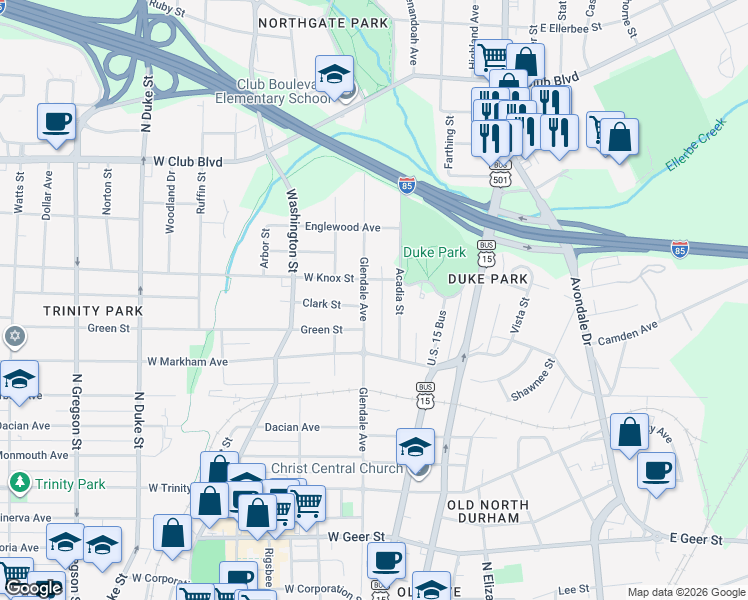map of restaurants, bars, coffee shops, grocery stores, and more near 1702 Glendale Avenue in Durham
