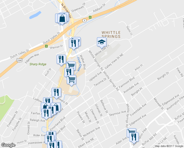map of restaurants, bars, coffee shops, grocery stores, and more near 2424 Underwood Place in Knoxville