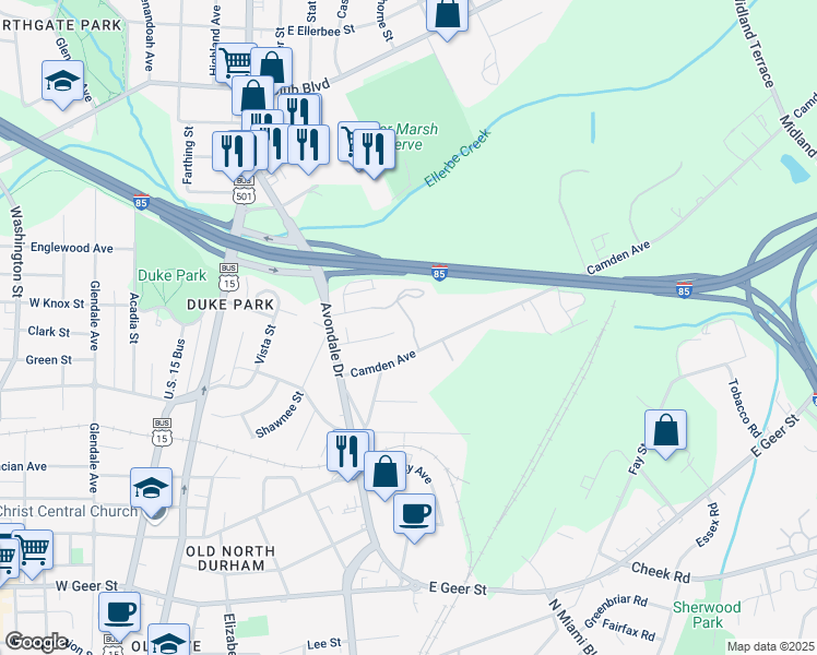 map of restaurants, bars, coffee shops, grocery stores, and more near 610 East Knox Street in Durham