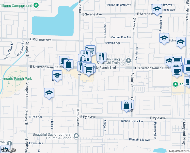 map of restaurants, bars, coffee shops, grocery stores, and more near 555 East Silverado Ranch Boulevard in Las Vegas