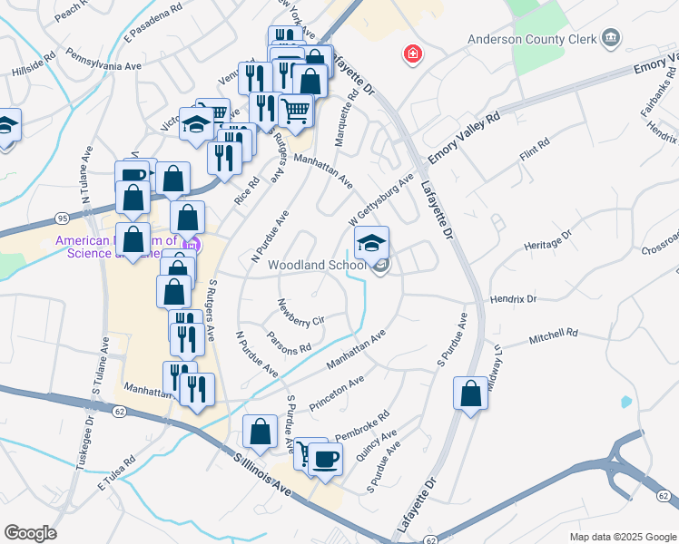 map of restaurants, bars, coffee shops, grocery stores, and more near 151 Northwestern Avenue in Oak Ridge