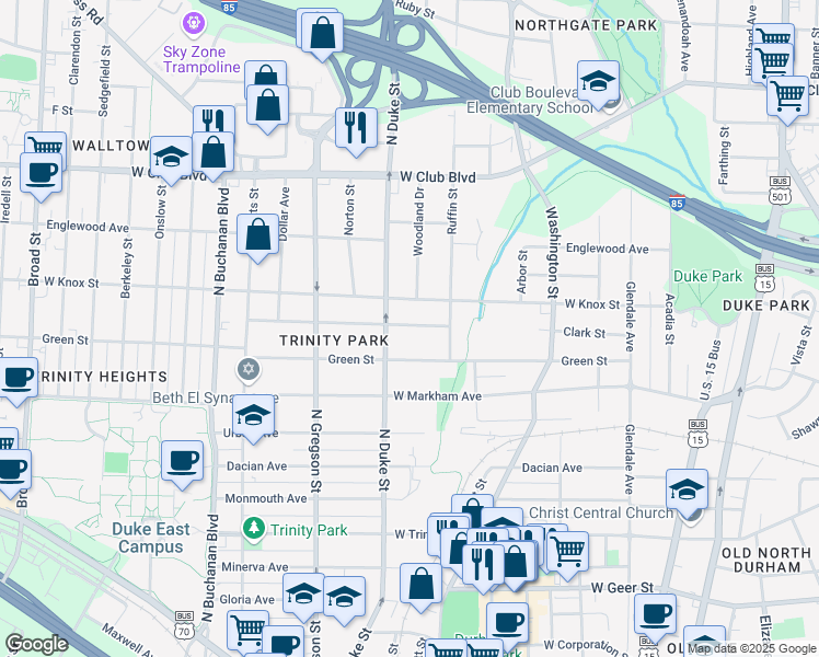 map of restaurants, bars, coffee shops, grocery stores, and more near 815 Demerius Street in Durham