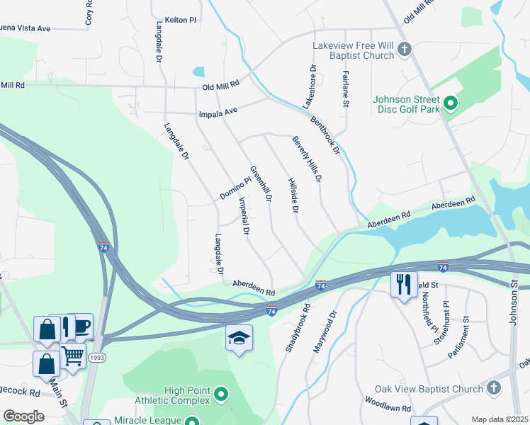 map of restaurants, bars, coffee shops, grocery stores, and more near 3425 Greenhill Drive in High Point