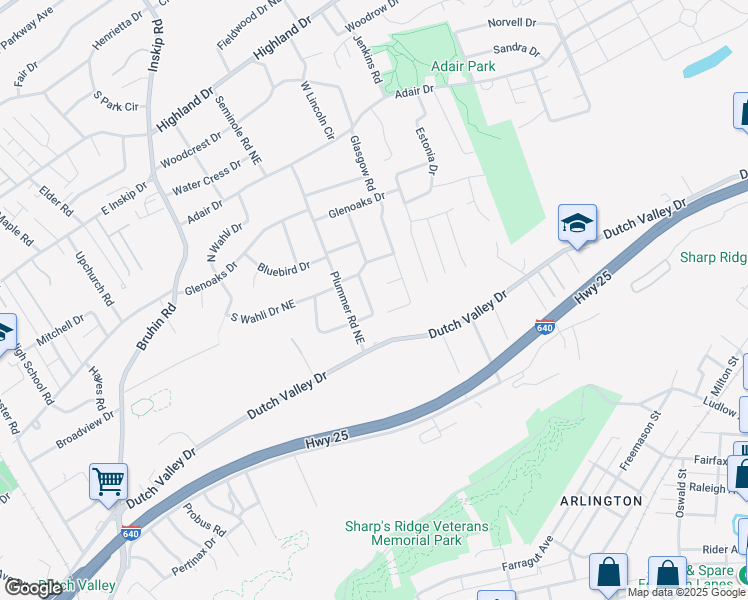 map of restaurants, bars, coffee shops, grocery stores, and more near 1314 East Walnut Grove Drive in Knoxville
