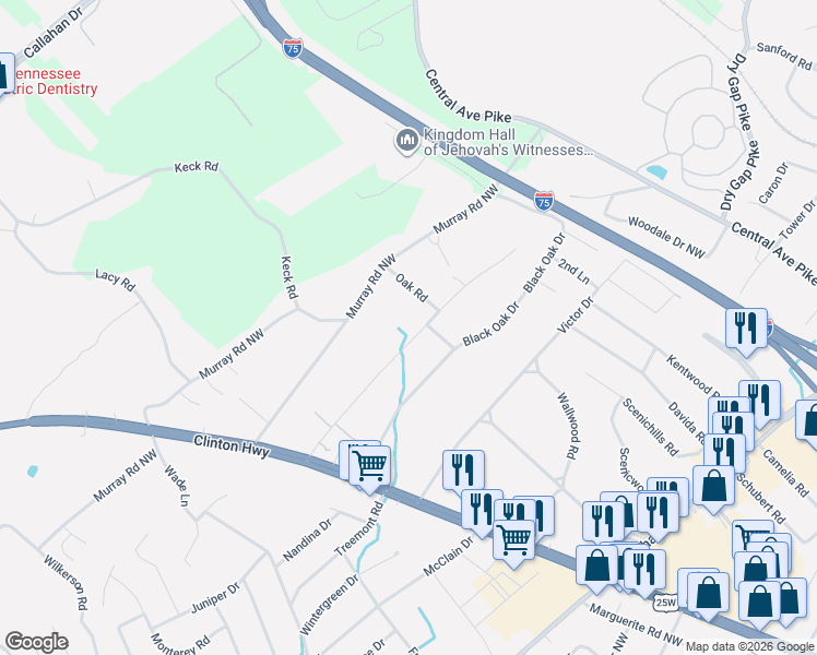 map of restaurants, bars, coffee shops, grocery stores, and more near 513 Hickory Drive Northwest in Knoxville