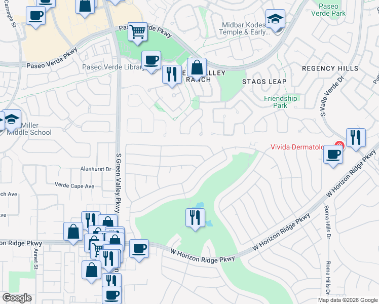 map of restaurants, bars, coffee shops, grocery stores, and more near 2128 Chapman Ranch Drive in Henderson