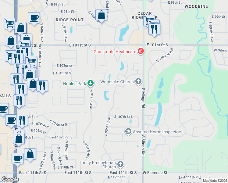 map of restaurants, bars, coffee shops, grocery stores, and more near 10538 South 93rd East Avenue in Tulsa
