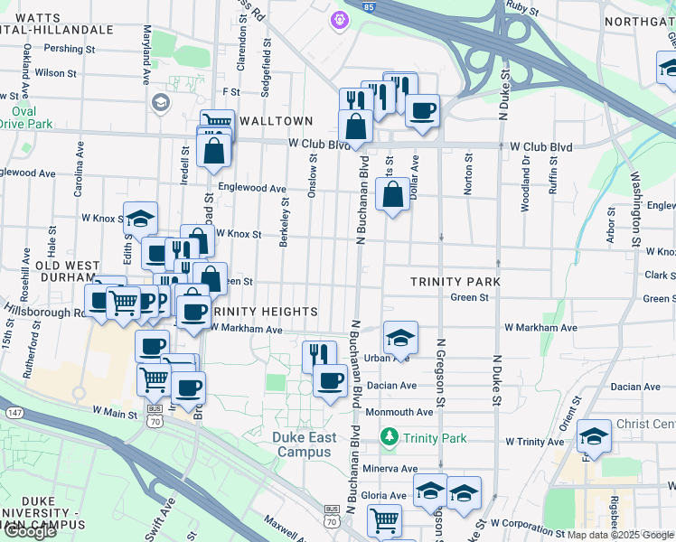 map of restaurants, bars, coffee shops, grocery stores, and more near 906 Lancaster Street in Durham