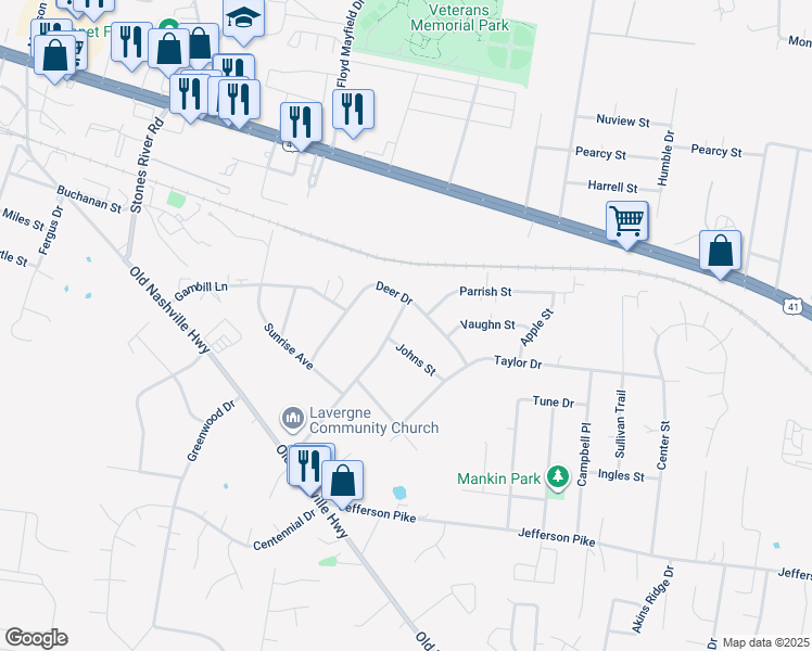 map of restaurants, bars, coffee shops, grocery stores, and more near 178 Greenfield Drive in La Vergne