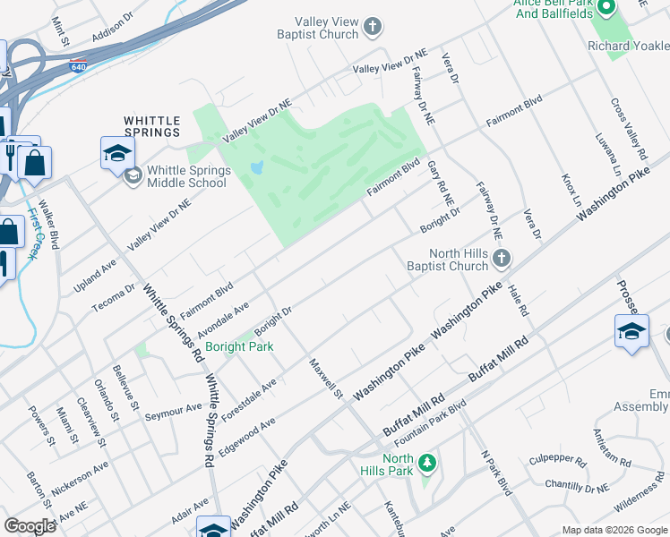 map of restaurants, bars, coffee shops, grocery stores, and more near 3101 Boright Drive in Knoxville