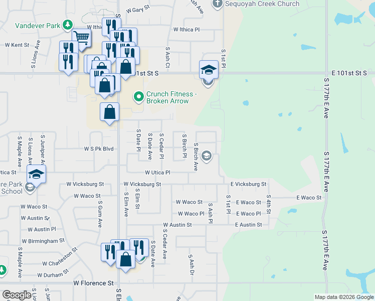 map of restaurants, bars, coffee shops, grocery stores, and more near 4101 South Birch Place in Broken Arrow