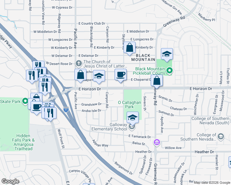 map of restaurants, bars, coffee shops, grocery stores, and more near 211 Cimarron Court in Henderson