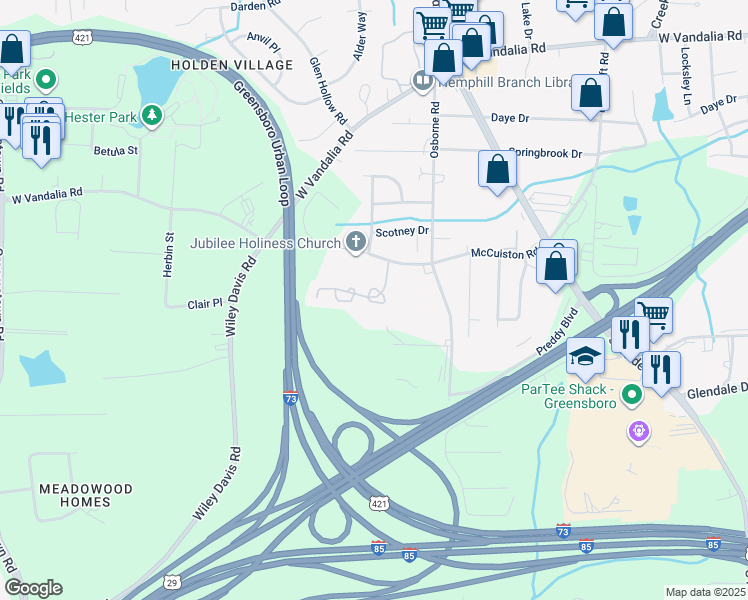 map of restaurants, bars, coffee shops, grocery stores, and more near 21 Covington Circle in Greensboro