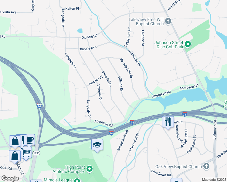 map of restaurants, bars, coffee shops, grocery stores, and more near 3425 Greenhill Drive in High Point