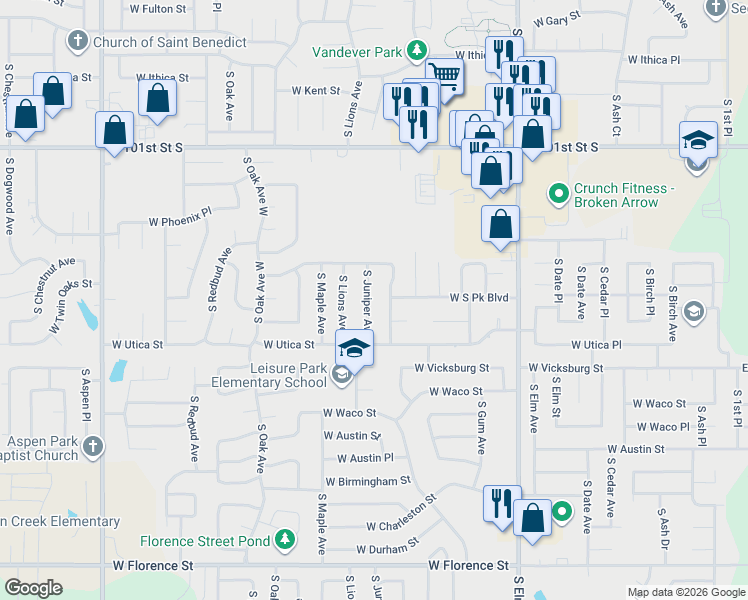 map of restaurants, bars, coffee shops, grocery stores, and more near 4101 South Juniper Avenue in Broken Arrow