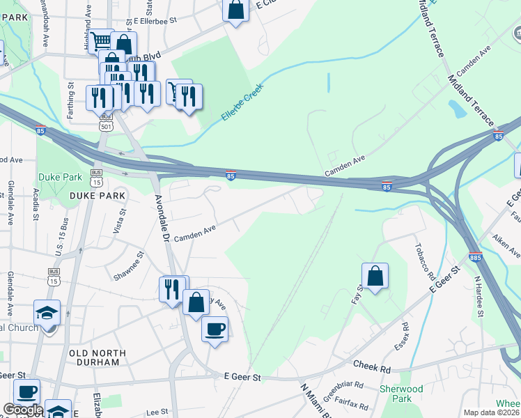 map of restaurants, bars, coffee shops, grocery stores, and more near 1204 Camden Avenue in Durham