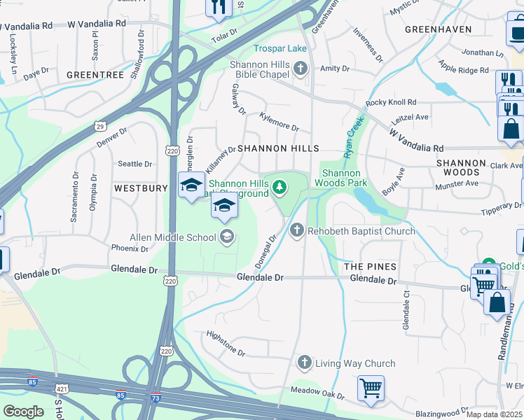 map of restaurants, bars, coffee shops, grocery stores, and more near 2004 Donegal Court in Greensboro