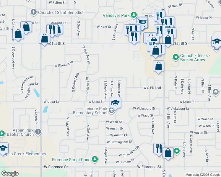 map of restaurants, bars, coffee shops, grocery stores, and more near 4100 South Lions Avenue in Broken Arrow