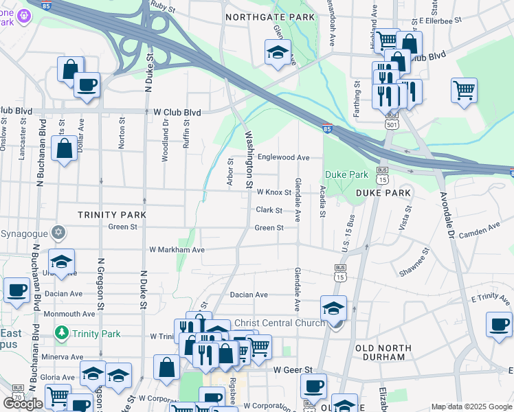 map of restaurants, bars, coffee shops, grocery stores, and more near 330 Clark Street in Durham