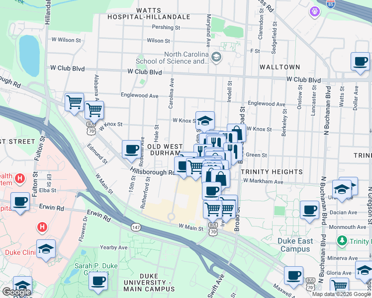map of restaurants, bars, coffee shops, grocery stores, and more near 900 Virgie Street in Durham