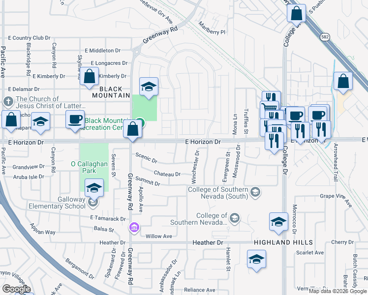 map of restaurants, bars, coffee shops, grocery stores, and more near 605 Overland Drive in Henderson