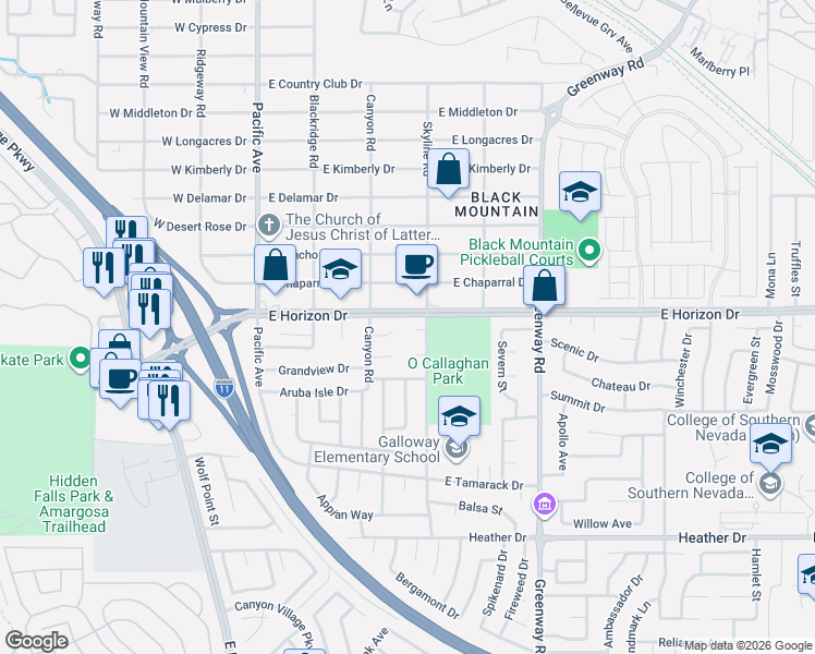 map of restaurants, bars, coffee shops, grocery stores, and more near 211 Cimarron Court in Henderson