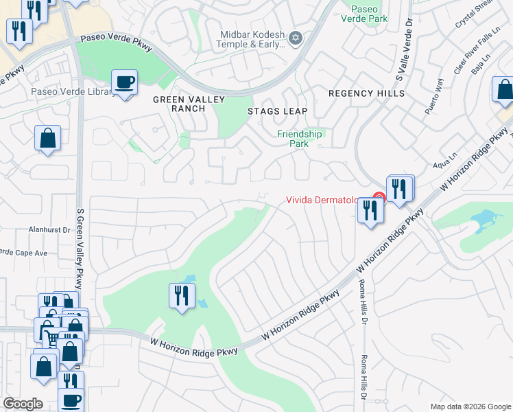 map of restaurants, bars, coffee shops, grocery stores, and more near 2053 High Mesa Drive in Henderson