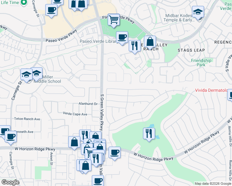 map of restaurants, bars, coffee shops, grocery stores, and more near 2184 Chapman Ranch Drive in Henderson