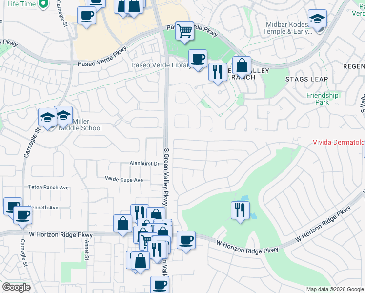 map of restaurants, bars, coffee shops, grocery stores, and more near 2184 Chapman Ranch Drive in Henderson