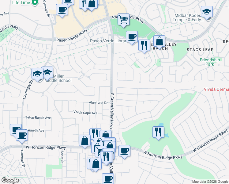 map of restaurants, bars, coffee shops, grocery stores, and more near 411 Golden State Street in Henderson
