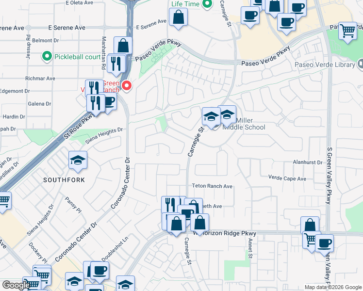 map of restaurants, bars, coffee shops, grocery stores, and more near 2515 Silver Beach Drive in Henderson