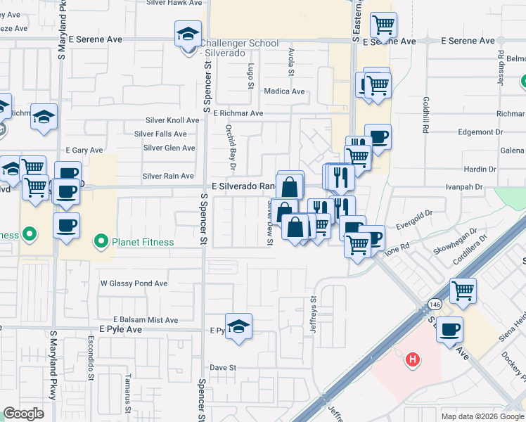 map of restaurants, bars, coffee shops, grocery stores, and more near 9770 Silver Dew Street in Las Vegas
